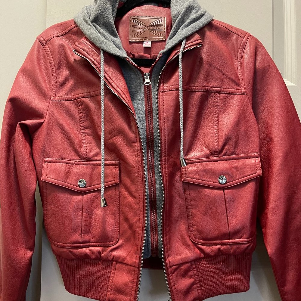 Miss London Hooded Red Leather Jacket